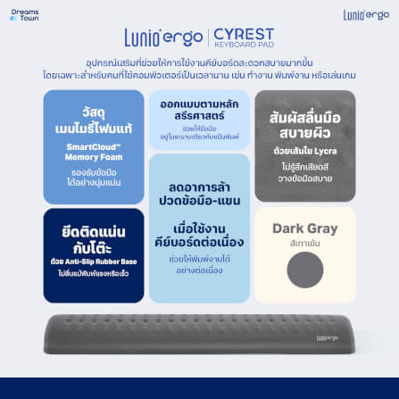 แผ่นรองข้อมือคีย์บอร์ด LUNIO ERGO CYREST KEYBOARD PAD DARK GRAY สีเทาเข้ม_7